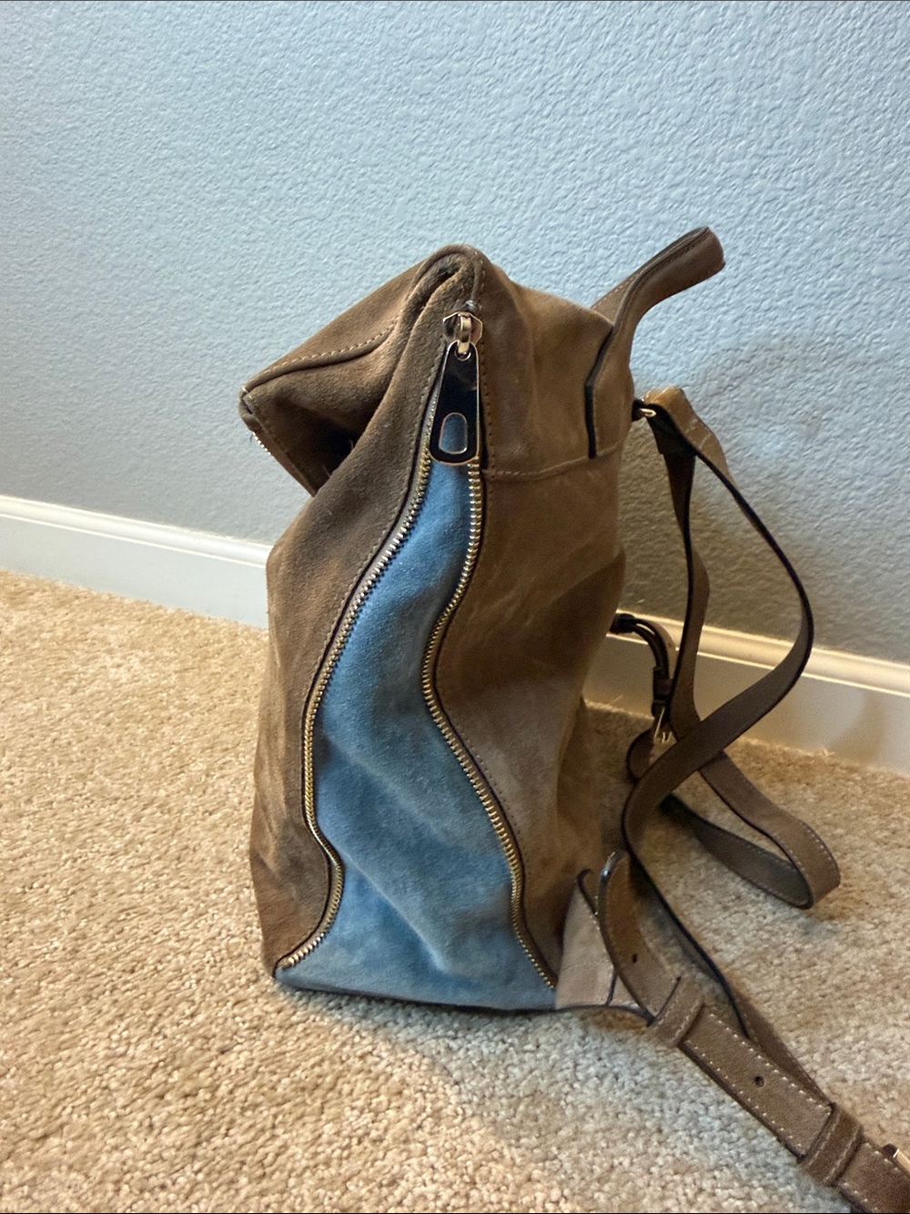 Lipault Paris Suede Fold-Over Backpack Bag in Brown and Blue - Picture 6 of 16
